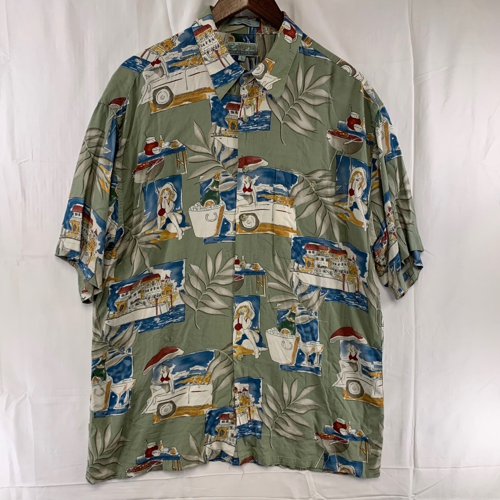 Campia Button Up Shirt Mens Large Olive Green Novelty Vacation Print Rayon
